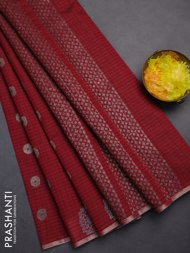 Banarasi semi matka saree maroon with silver & gold zari woven buttas and zari woven piping border