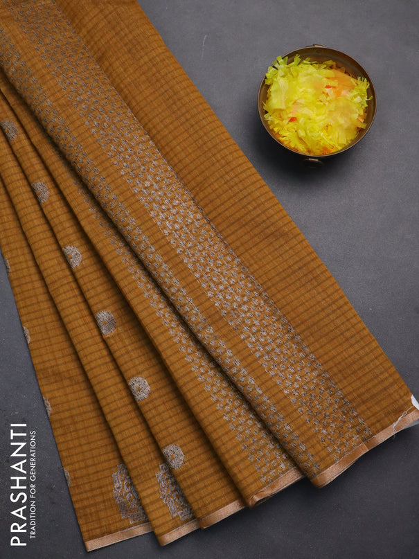 Banarasi semi matka saree dark mustard with silver & gold zari woven buttas and zari woven piping border