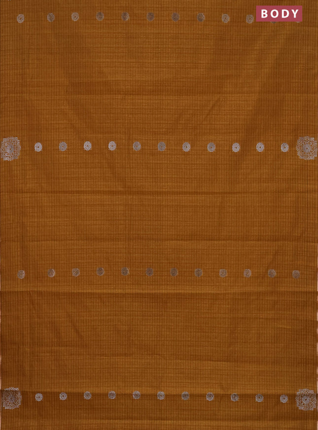 Banarasi semi matka saree dark mustard with silver & gold zari woven buttas and zari woven piping border