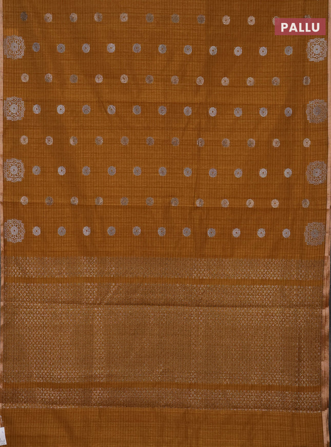 Banarasi semi matka saree dark mustard with silver & gold zari woven buttas and zari woven piping border