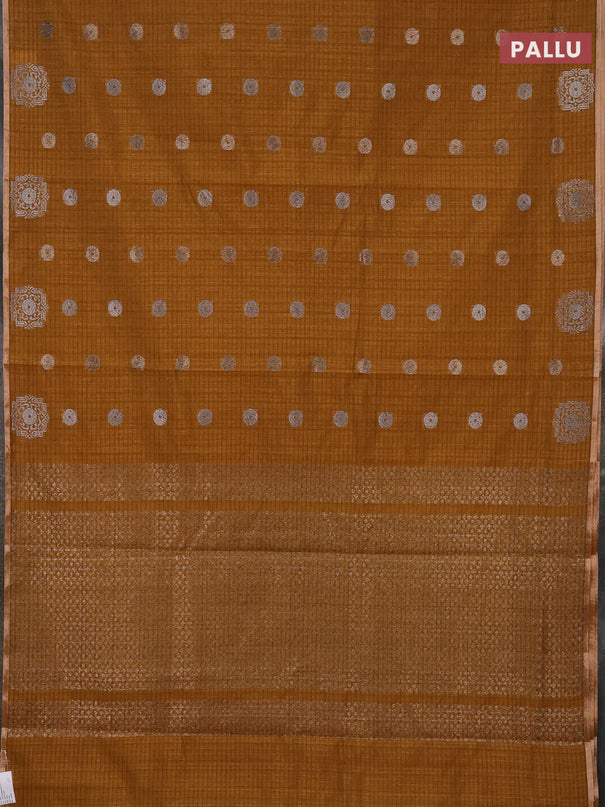 Banarasi semi matka saree dark mustard with silver & gold zari woven buttas and zari woven piping border