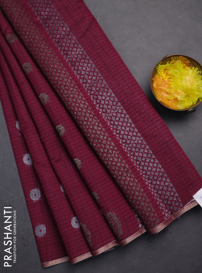 Banarasi semi matka saree wine shade with silver & gold zari woven buttas and zari woven piping border