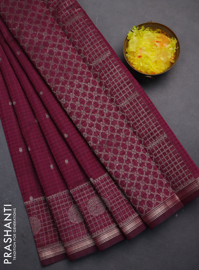 Banarasi semi matka saree wine shade with thread & zari woven buttas and woven border