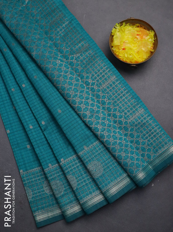 Banarasi semi matka saree teal green with thread & zari woven buttas and woven border