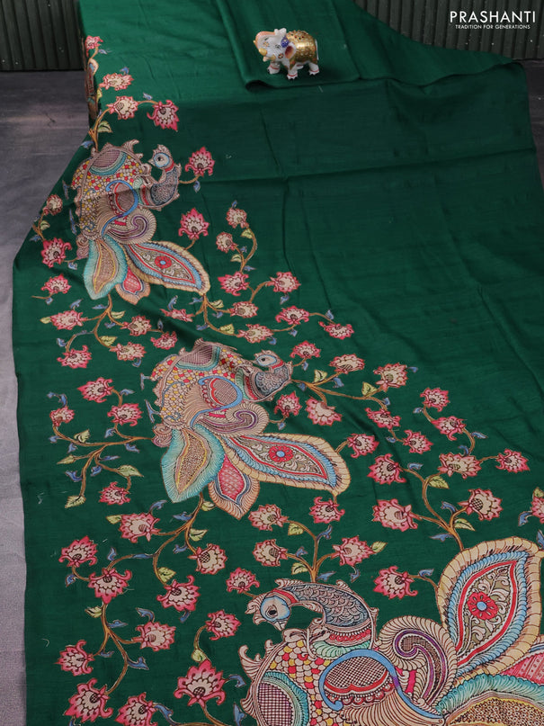Semi tussar saree green with kalamkari applique work