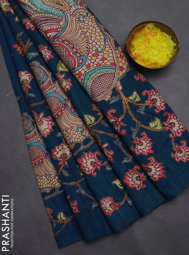 Semi tussar saree peacock blue with kalamkari applique work