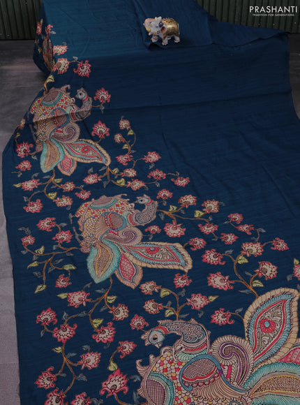 Semi tussar saree peacock blue with kalamkari applique work