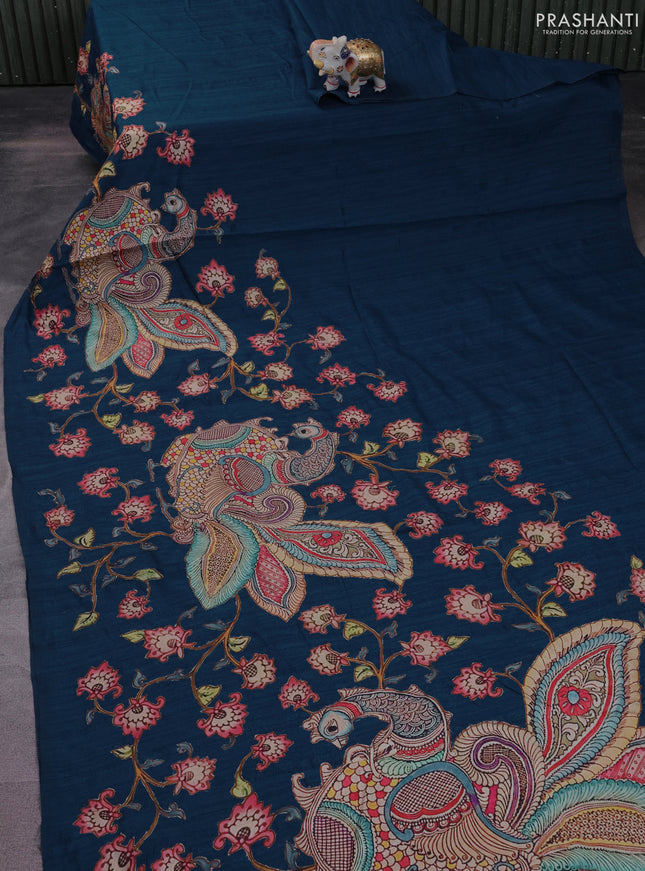 Semi tussar saree peacock blue with kalamkari applique work