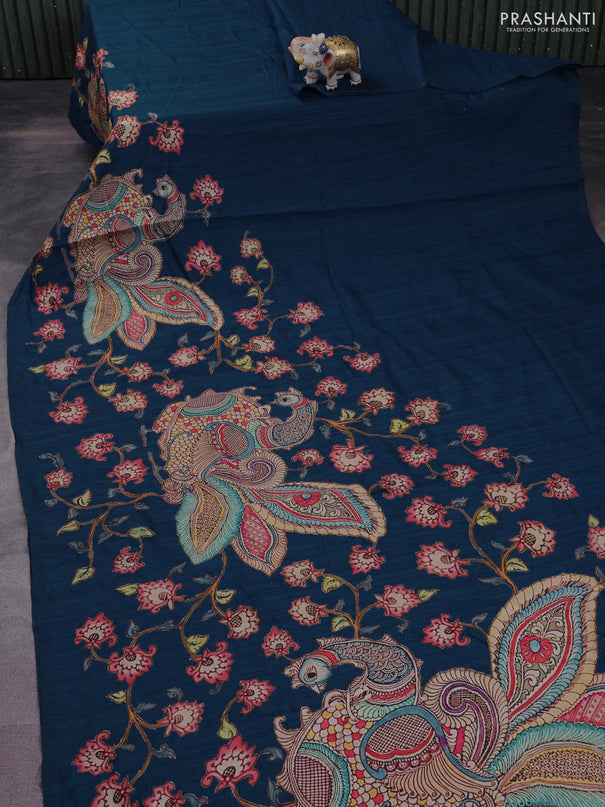 Semi tussar saree peacock blue with kalamkari applique work