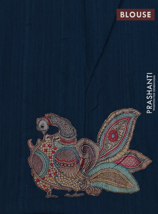 Semi tussar saree peacock blue with kalamkari applique work