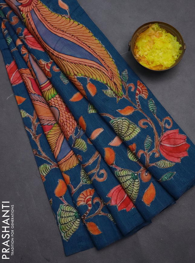 Semi tussar saree peacock blue with kalamkari applique work