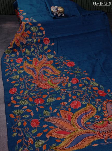 Semi tussar saree peacock blue with kalamkari applique work