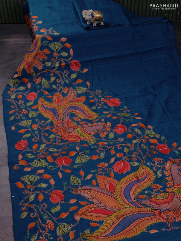 Semi tussar saree peacock blue with kalamkari applique work