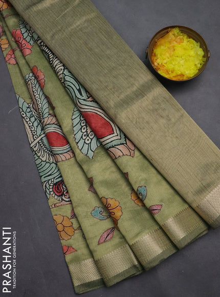 Semi tussar saree light green with kalamkari applique work and zari woven border