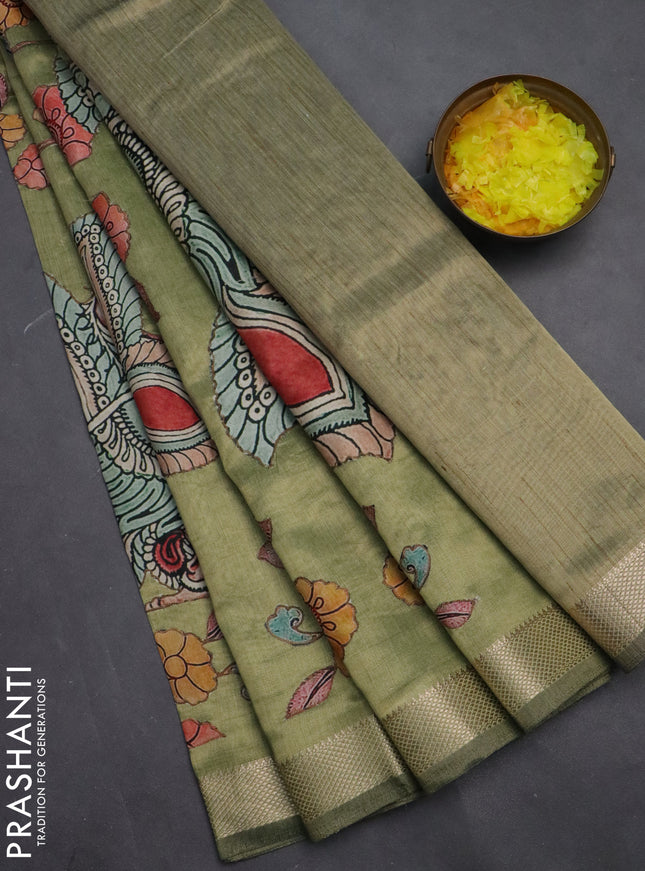 Semi tussar saree light green with kalamkari applique work and zari woven border