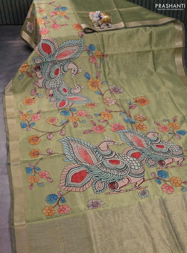 Semi tussar saree light green with kalamkari applique work and zari woven border