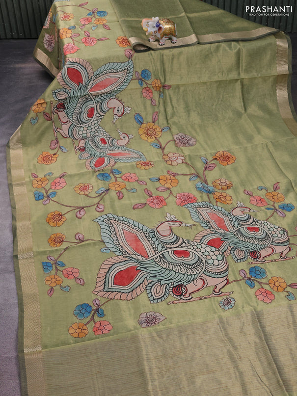 Semi tussar saree light green with kalamkari applique work and zari woven border