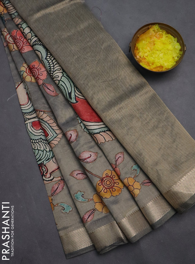 Semi tussar saree grey with kalamkari applique work and zari woven border