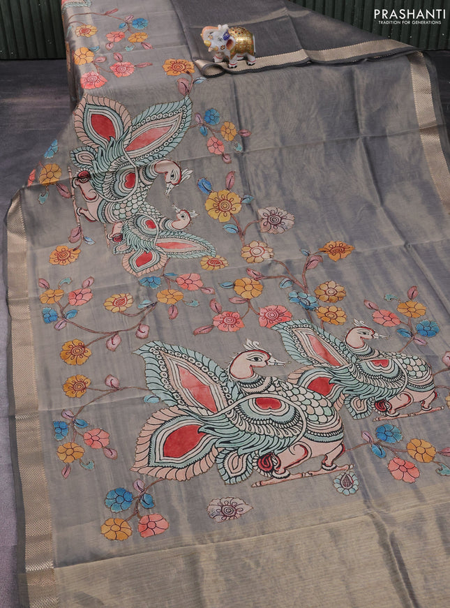 Semi tussar saree grey with kalamkari applique work and zari woven border