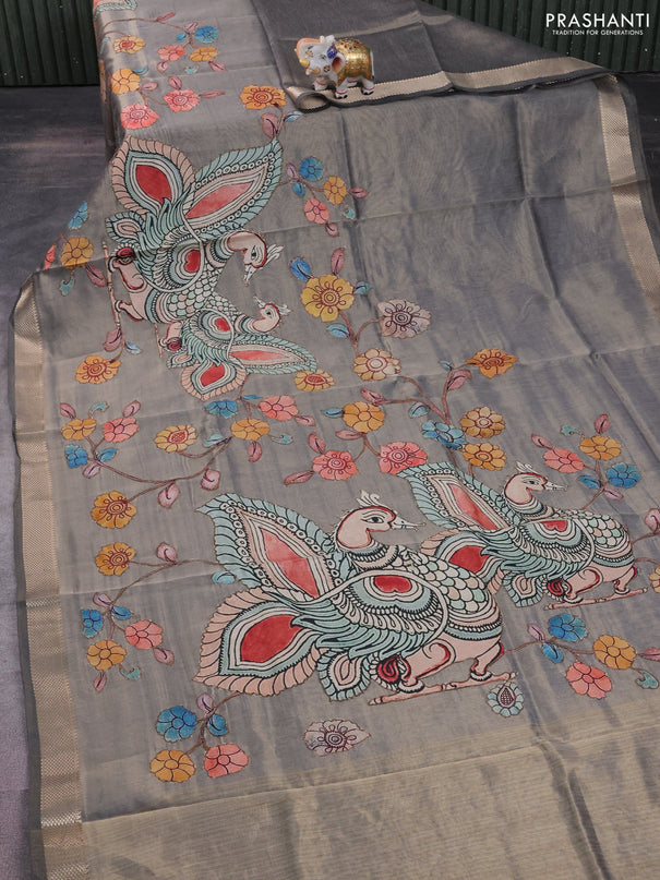 Semi tussar saree grey with kalamkari applique work and zari woven border