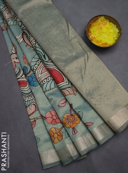 Semi tussar saree teal green shade with kalamkari applique work and zari woven border