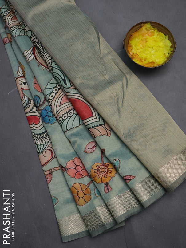 Semi tussar saree teal green shade with kalamkari applique work and zari woven border