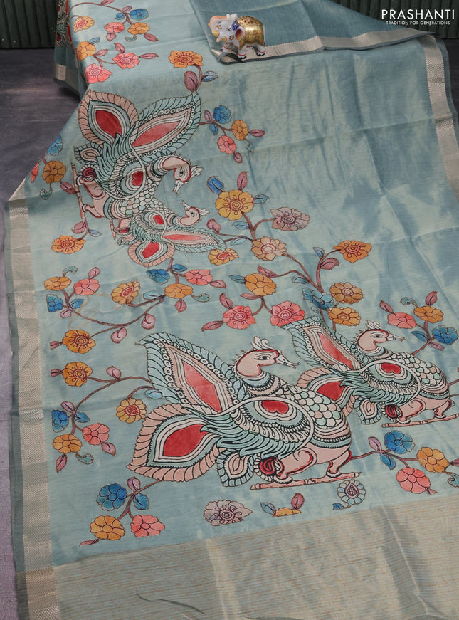 Semi tussar saree teal green shade with kalamkari applique work and zari woven border