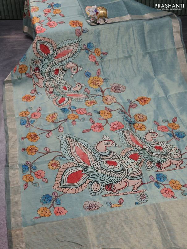 Semi tussar saree teal green shade with kalamkari applique work and zari woven border
