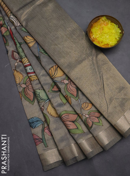 Semi tussar saree grey with kalamkari applique work and zari woven border