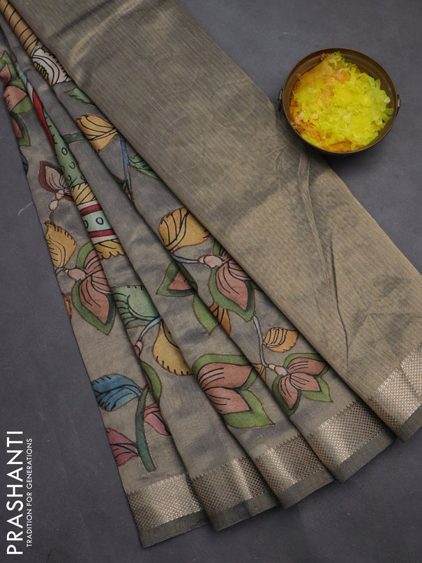 Semi tussar saree grey with kalamkari applique work and zari woven border
