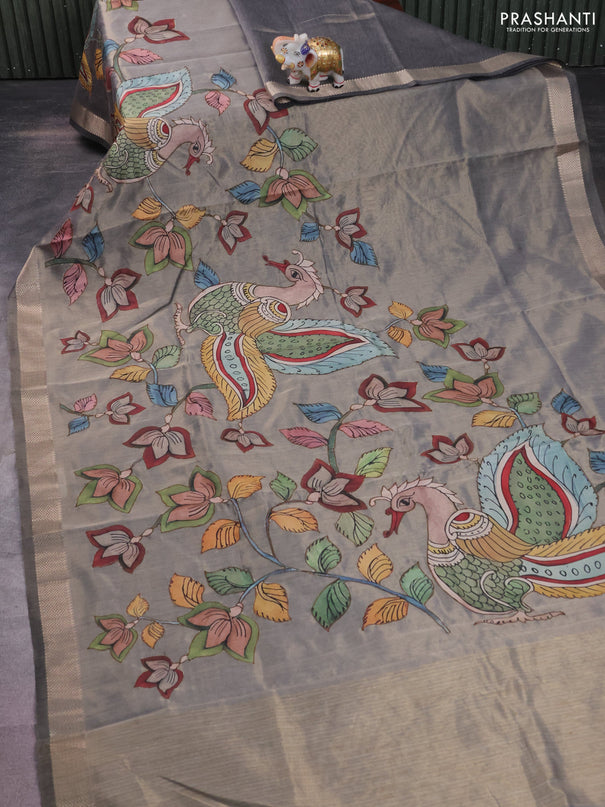 Semi tussar saree grey with kalamkari applique work and zari woven border