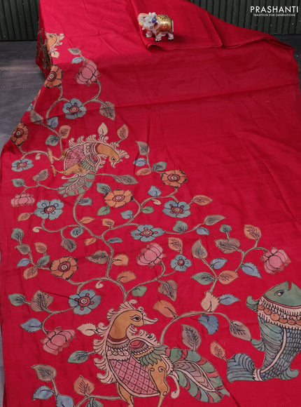 Semi tussar saree dark pink with kalamkari applique work