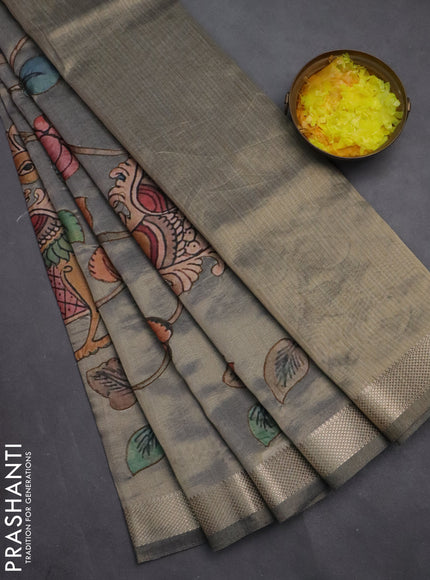 Semi tussar saree grey with kalamkari applique work and zari woven border