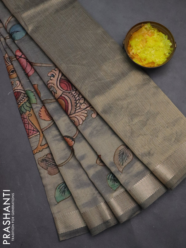 Semi tussar saree grey with kalamkari applique work and zari woven border