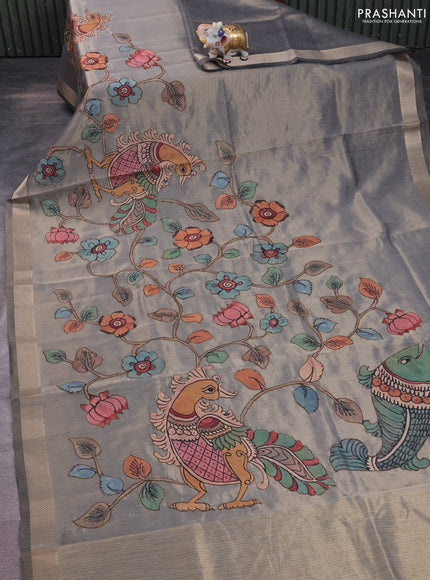 Semi tussar saree grey with kalamkari applique work and zari woven border