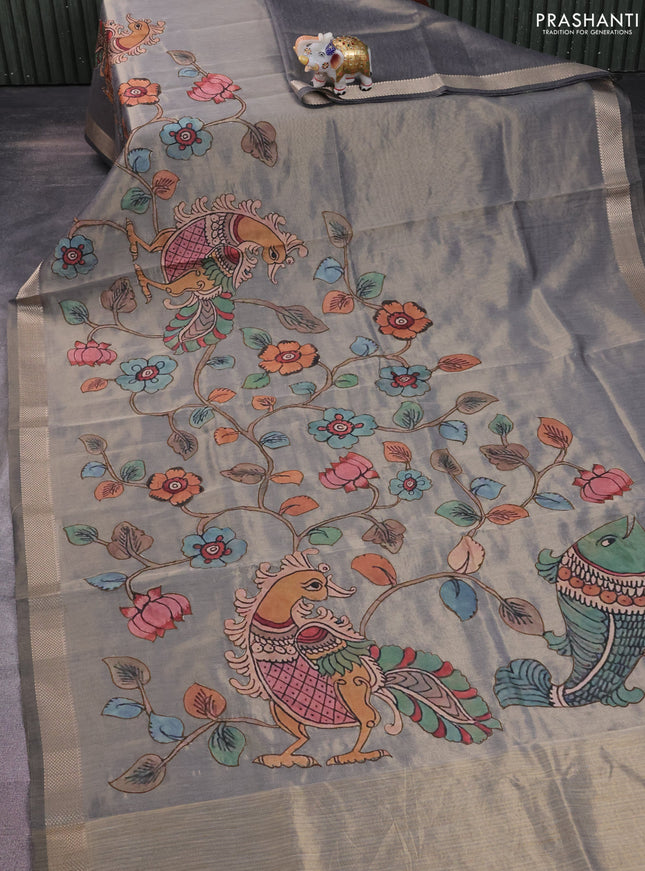 Semi tussar saree grey with kalamkari applique work and zari woven border