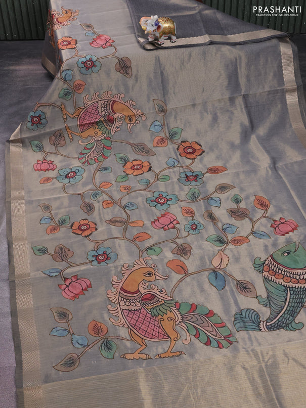 Semi tussar saree grey with kalamkari applique work and zari woven border