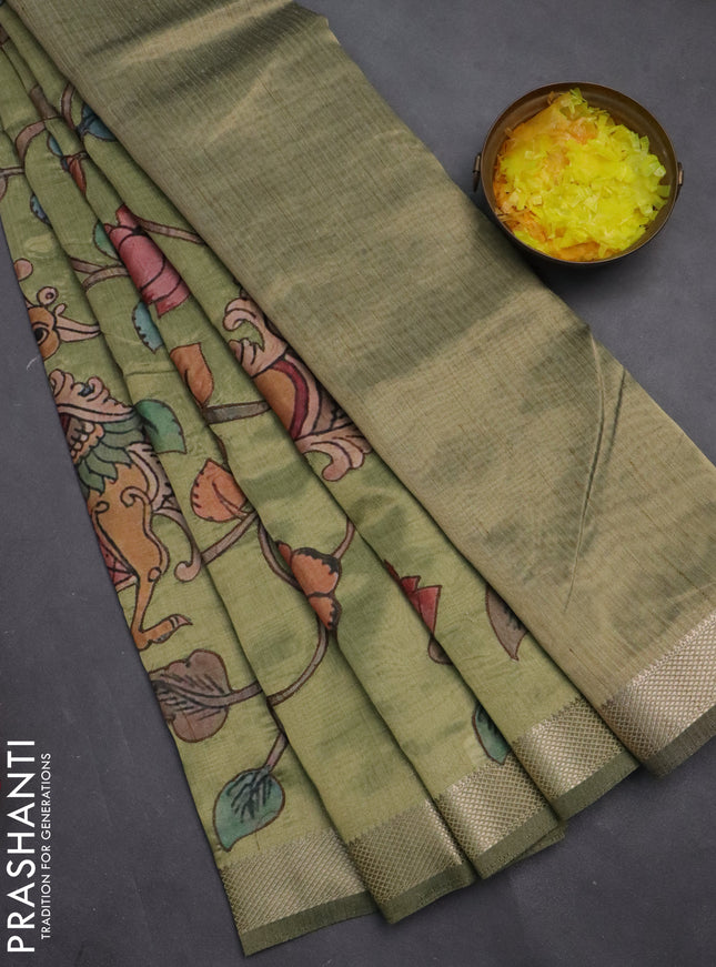 Semi tussar saree light green with kalamkari applique work and zari woven border
