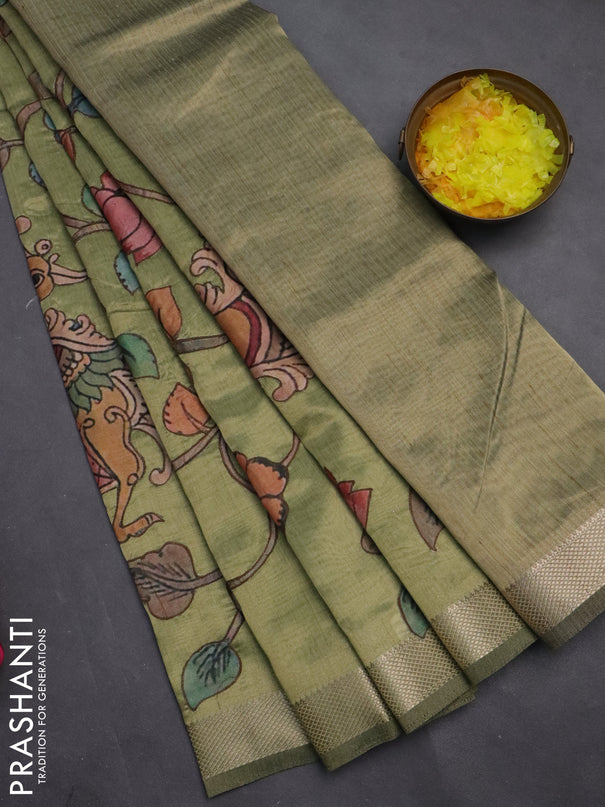 Semi tussar saree light green with kalamkari applique work and zari woven border