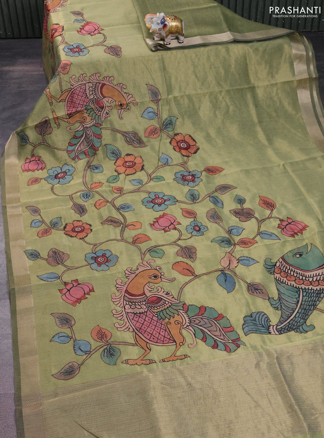 Semi tussar saree light green with kalamkari applique work and zari woven border