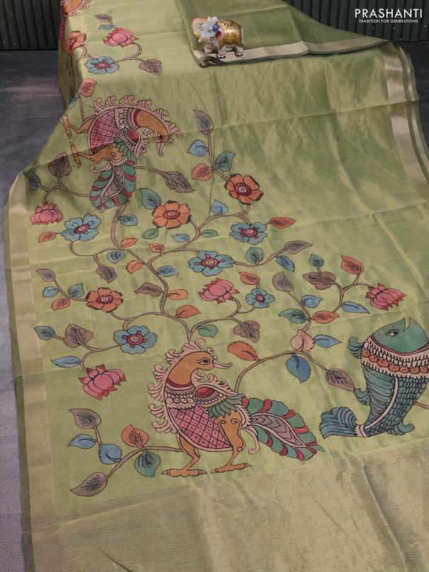 Semi tussar saree light green with kalamkari applique work and zari woven border