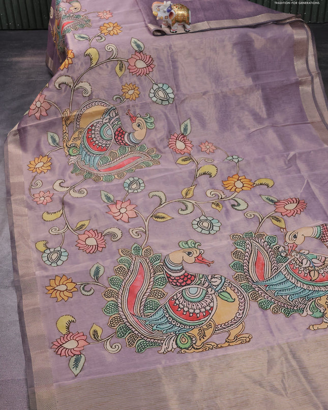 Semi tussar saree lavender with kalamkari applique work and zari woven border