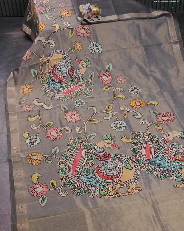 Semi tussar saree grey with kalamkari applique work and zari woven border