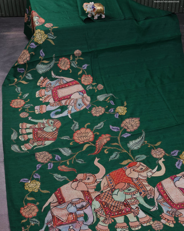 Semi tussar saree green with kalamkari applique work