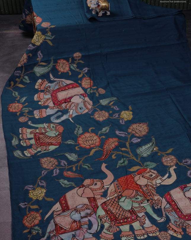 Semi tussar saree peacock blue with kalamkari applique work