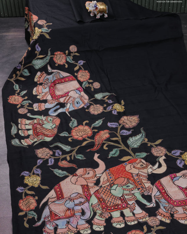 Semi tussar saree black with kalamkari applique work