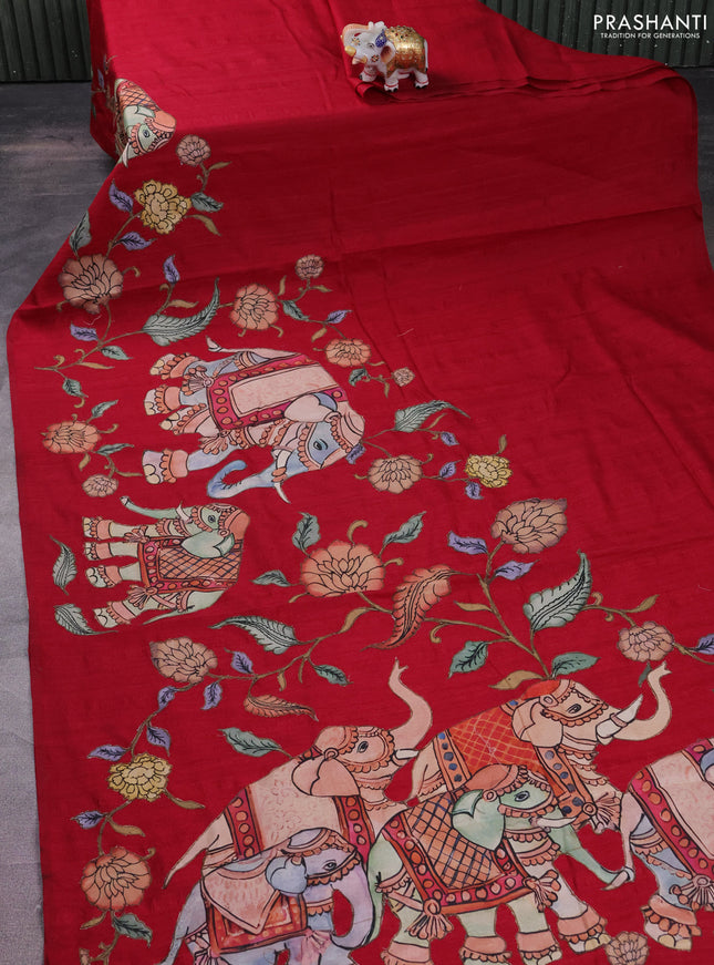 Semi tussar saree maroon with kalamkari applique work