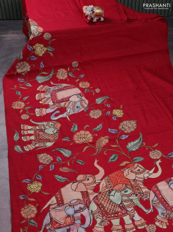 Semi tussar saree maroon with kalamkari applique work