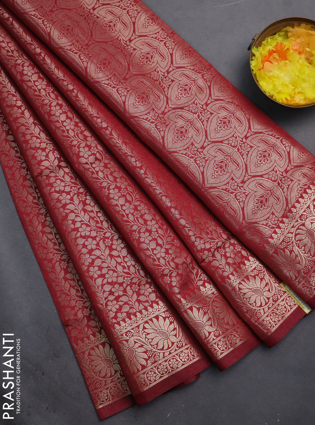 Semi soft silk saree maroon with allover zari woven brocade weaves -Without blouse