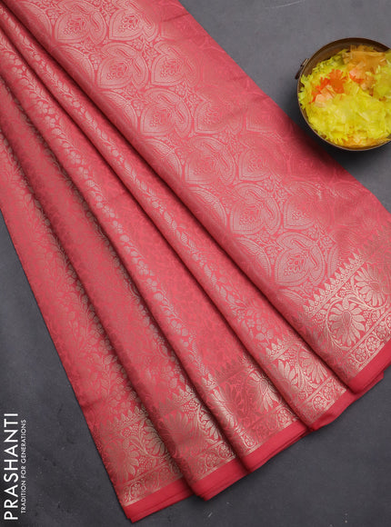 Semi soft silk saree peach pink with allover zari woven brocade weaves -Without blouse